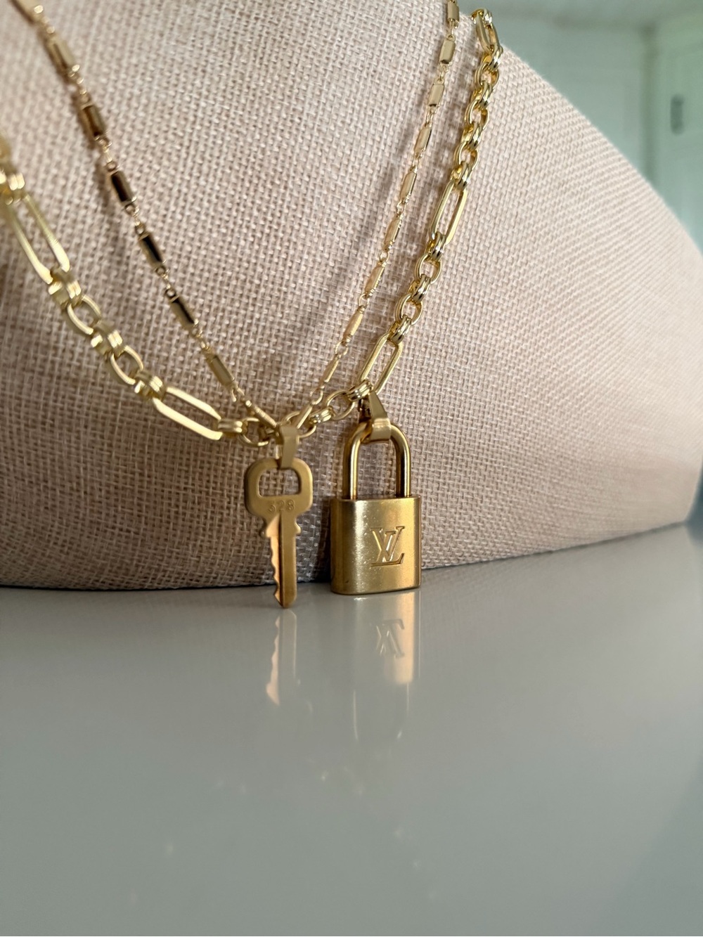 Louis Vuitton Gold Padlock and Key Layered Necklace #328